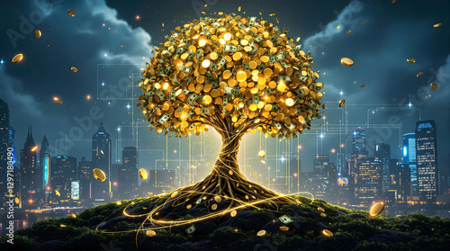 Golden Money Tree with Coins in Urban Setting, Financial Growth Concept