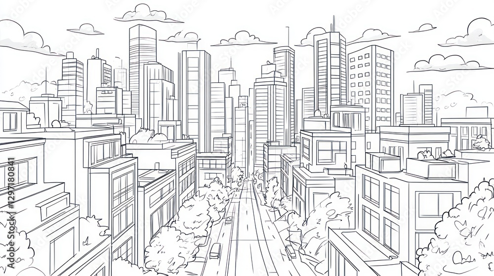 Cityscape sketch, urban view, line art, architectural illustration, urban scene, street view, background image Cityscape sketch, urban view, line art, architectural illustration, urban scene, street view, background image