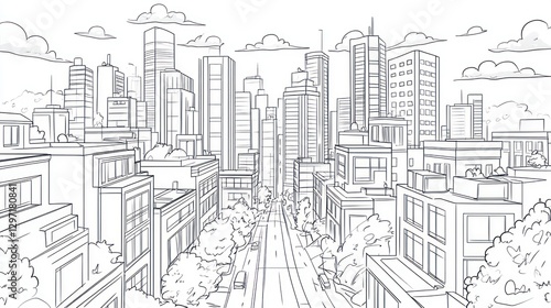 Cityscape sketch, urban view, line art, architectural illustration, urban scene, street view, background image