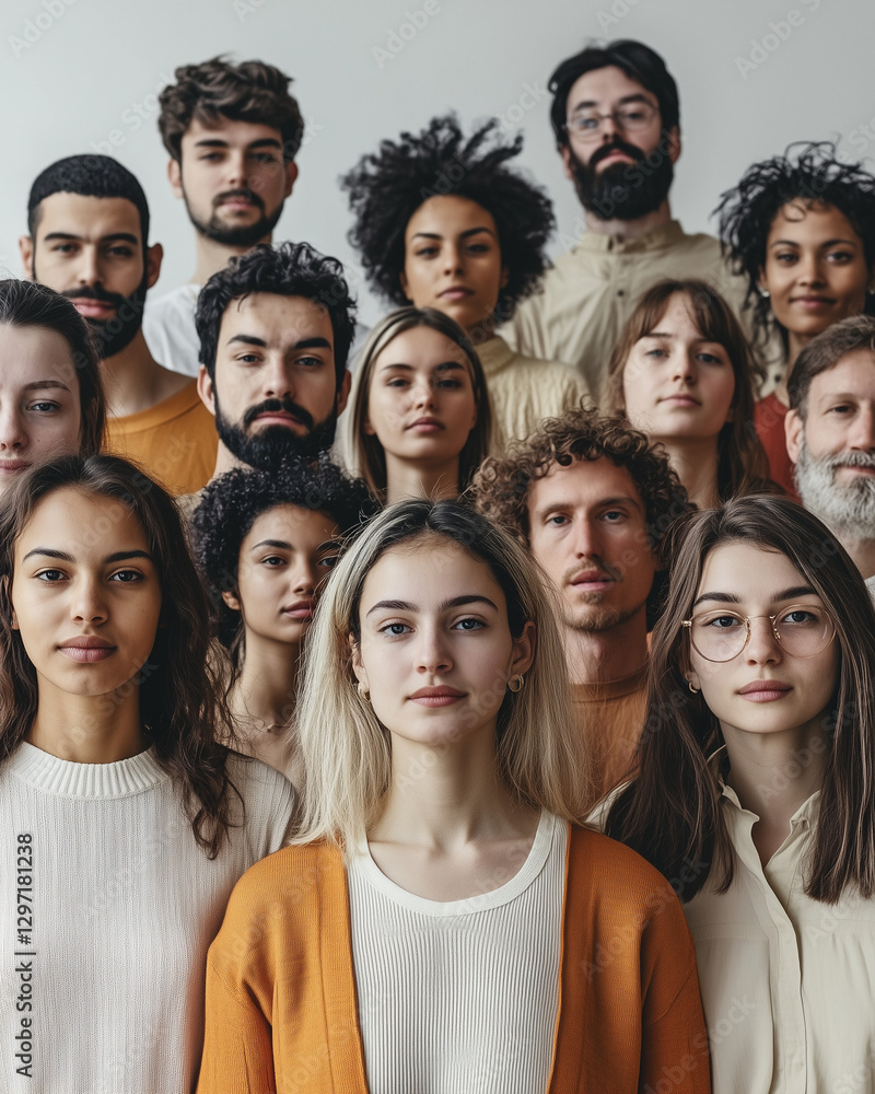 Diverse group of people posing together in neutral tones Diverse group of people posing together in neutral tones