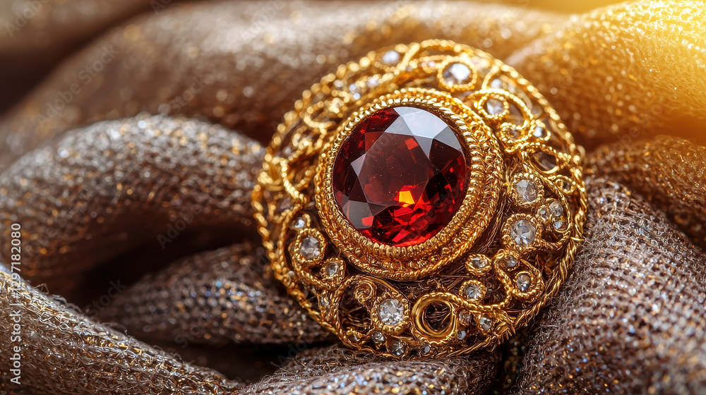 Obraz premium Rare handcrafted vintage brooch adorned with gemstones and gold on soft fabric, highlighting exquisite craftsmanship and elegance in natural light