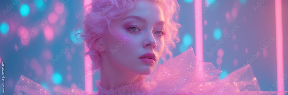 Pink girl portrait. Young woman with pink hair and makeup poses in studio. Blue and pink light and background with bokeh spots. wide banner size Pink girl portrait. Young woman with pink hair and makeup poses in studio. Blue and pink light and background with bokeh spots. wide banner size