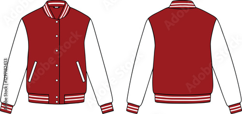 Red and white Bomber Jacket Flat Vector Illustration, Varsity Jacket Mockup Varsity Jacket Fashion Flat Template