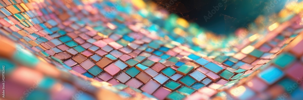 Fototapeta premium Colorful square tiles surface with wave form. Blue pink and yellow colors make abstract mosaic. Shiny cubes reflect light in blurry rendering ultrawide banner size