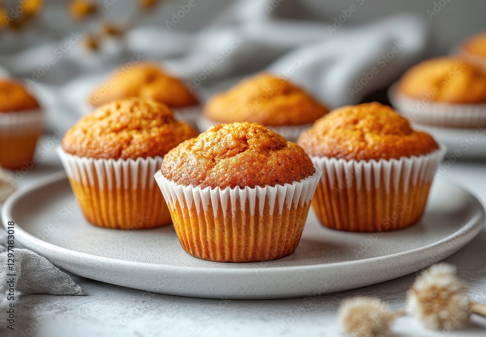 Freshly Baked Muffins on a Light Gray Plate with Soft Background, Highlighting Textures and Warm Colors for Culinary Inspiration and Recipe Use Freshly Baked Muffins on a Light Gray Plate with Soft Background, Highlighting Textures and Warm Colors for Culinary Inspiration and Recipe Use