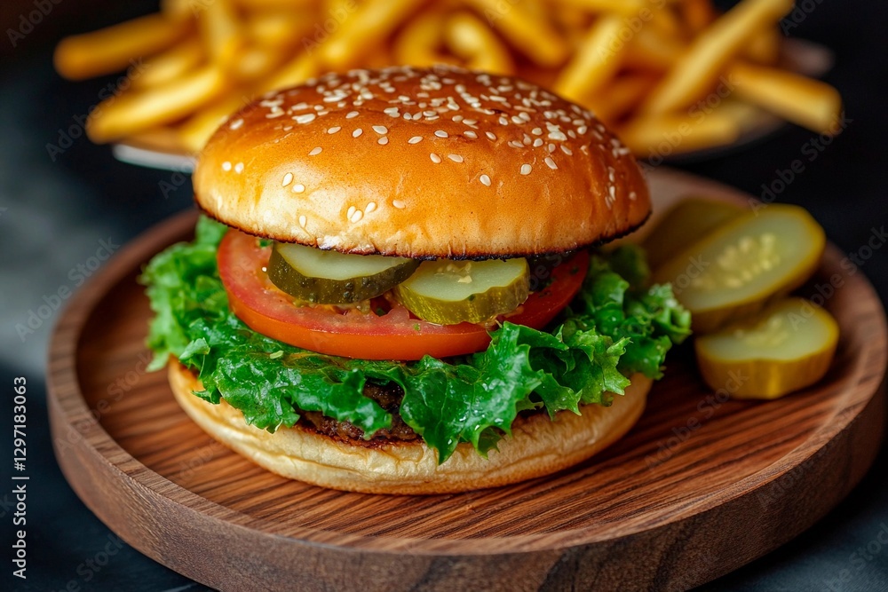 A mouthwatering burger adorned with lettuce, tomato, pickles, and a sesame seed bun rests on a wooden plate. Crispy fries await in the background, adding to the appetizing appeal A mouthwatering burger adorned with lettuce, tomato, pickles, and a sesame seed bun rests on a wooden plate. Crispy fries await in the background, adding to the appetizing appeal
