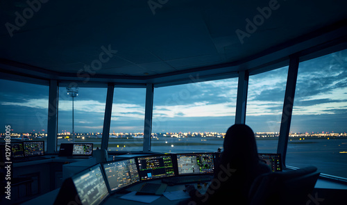 internal area of ​​a control tower at an airport at night