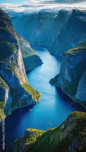 Aerial view of Lysefjord Norway. Blue water flows between steep rocky mountains under cloudy sky during daytime