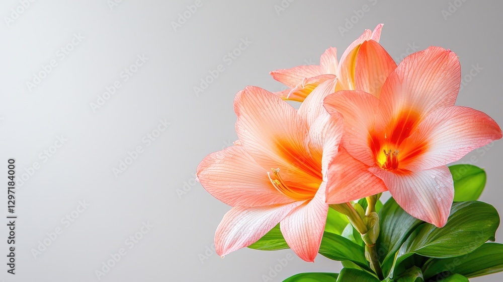 Naklejka premium Peach amaryllis flowers, close-up, gray background, spring bloom, greeting card