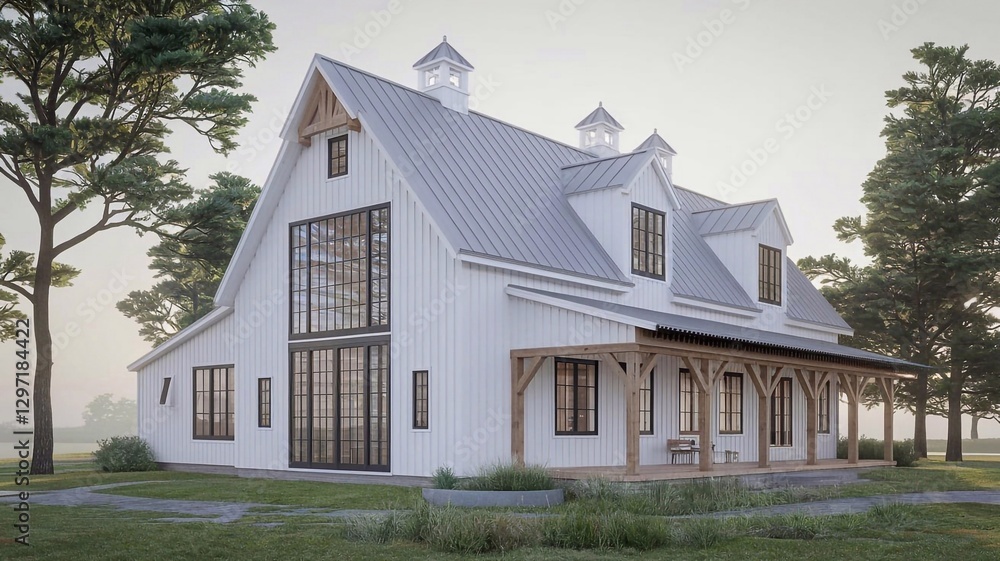 Fototapeta premium Contemporary barnhouse highlighting Scandinavian architectural elements.