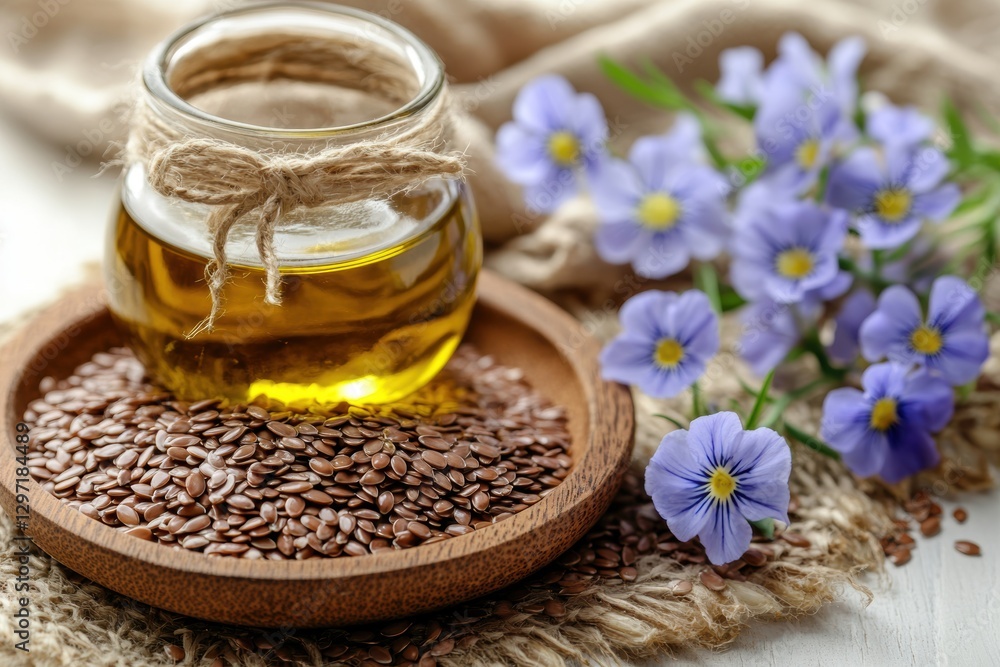 A plate with flax seeds and a bottle of flax oil on a brown background. The concept of proper nutrition. Flax is rich in vitamins and Omega-3. Superfood A plate with flax seeds and a bottle of flax oil on a brown background. The concept of proper nutrition. Flax is rich in vitamins and Omega-3. Superfood