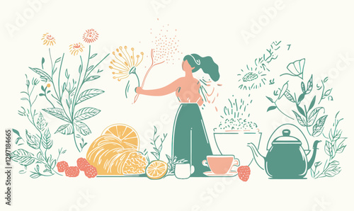 Herbal Tea Brewing Directions with Chamomile and Raspberries Vector Illustration