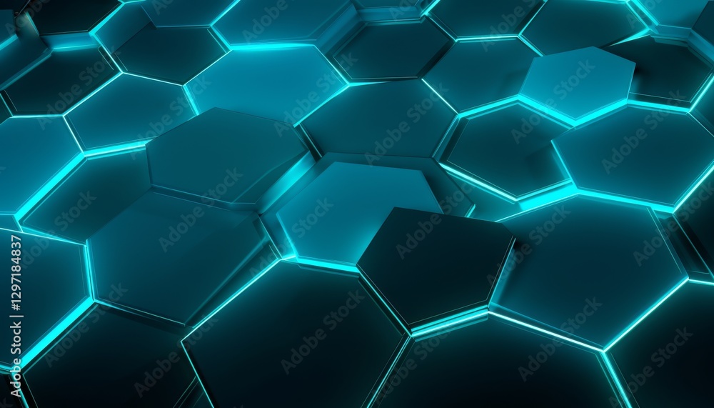 Cyan blue hexagons with bright lighting edges. Banner template geometric abstract background. Cyan blue hexagons with bright lighting edges. Banner template geometric abstract background.