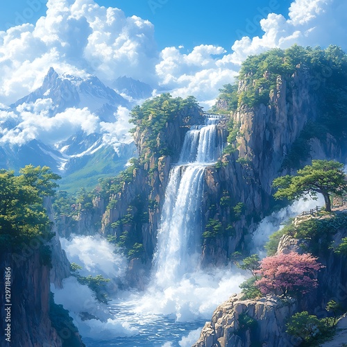 Beautiful waterfall nestled in mountain paradise high resolution hd photo
