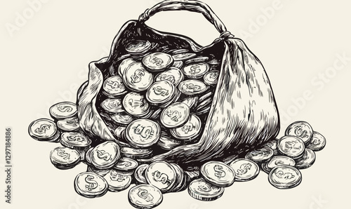 Vintage Bag Overflowing with Money Coins, Hand Drawn Ink Sketch in Engraving Style