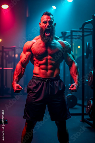 A muscular man displays his strength, flexing his arms and showcasing an impressive physique. The gym is illuminated with vibrant blue and pink lights, creating an energetic atmosphere photo