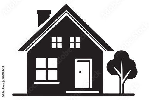 Black Silhouette Image of a Cozy House Vector Illustration