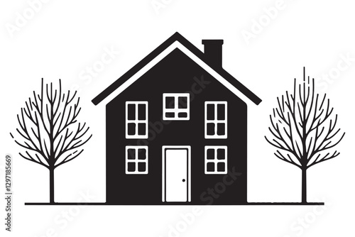 Classic Home Silhouette Graphic Design with Trees and Architecture