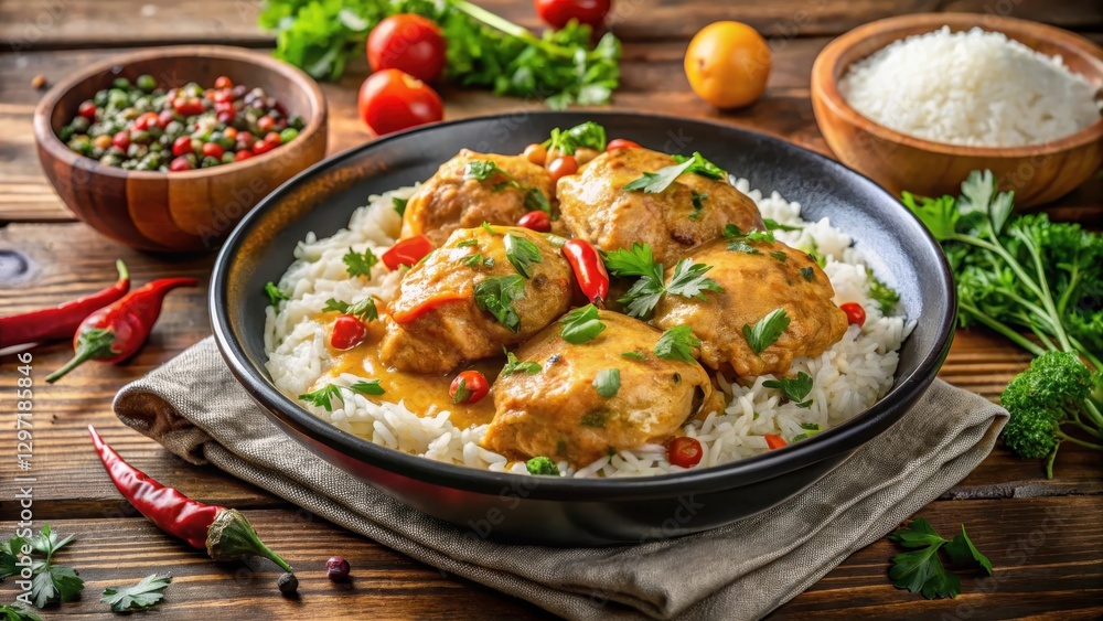 Chicken fricassee served with steaming hot basmati rice and fresh herbs , spices , meal, spices , meal, curry, plate, chicken Chicken fricassee served with steaming hot basmati rice and fresh herbs , spices , meal, spices , meal, curry, plate, chicken