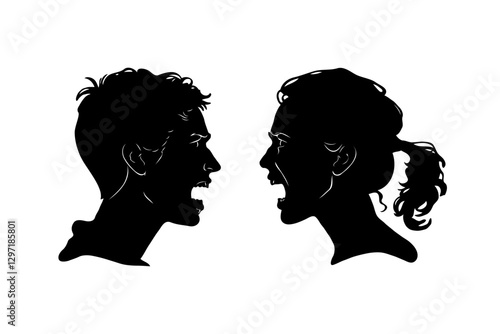 Silhouettes of a man and woman facing each other, yelling on a white background. Concept of conflict and diworce