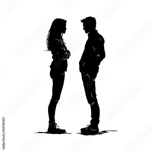 Black silhouette of a man and woman facing each other, standing straight, on a plain white background. Concept of confrontation, conflict and misunderstanding in family