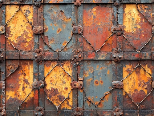 Connected metal plates with large rivets, corroded with patches of rust, different shades from orange to dark brown. photo