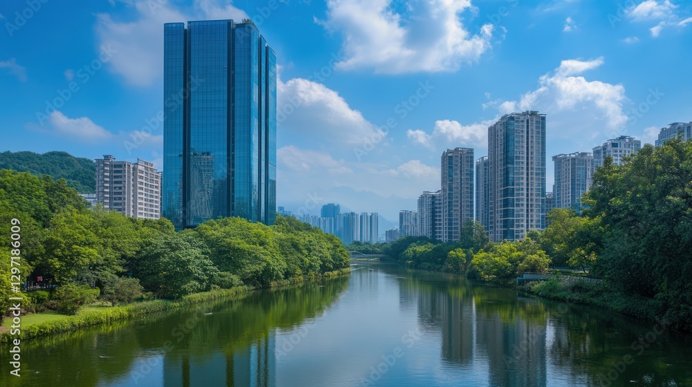 Cityscape reflecting on tranquil river, lush green landscape, sunny day, urban view, excellent background for presentation materials, possible use stock photo Cityscape reflecting on tranquil river, lush green landscape, sunny day, urban view, excellent background for presentation materials, possible use stock photo