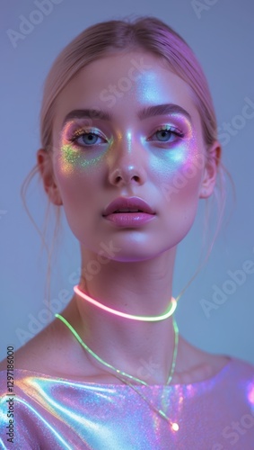 Woman portrait with shiny face art and neon necklace. Blonde girl with colorful bright makeup posing under soft lights. Sparkles and pink glow on face.