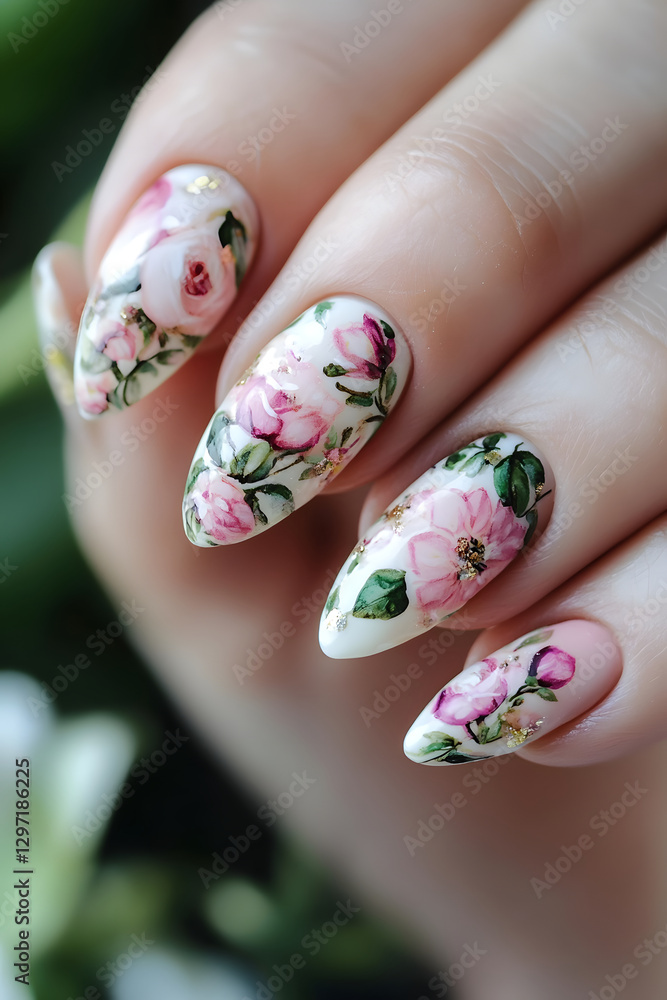 A close-up of beautifully manicured nails featuring floral designs with pink roses. A close-up of beautifully manicured nails featuring floral designs with pink roses.