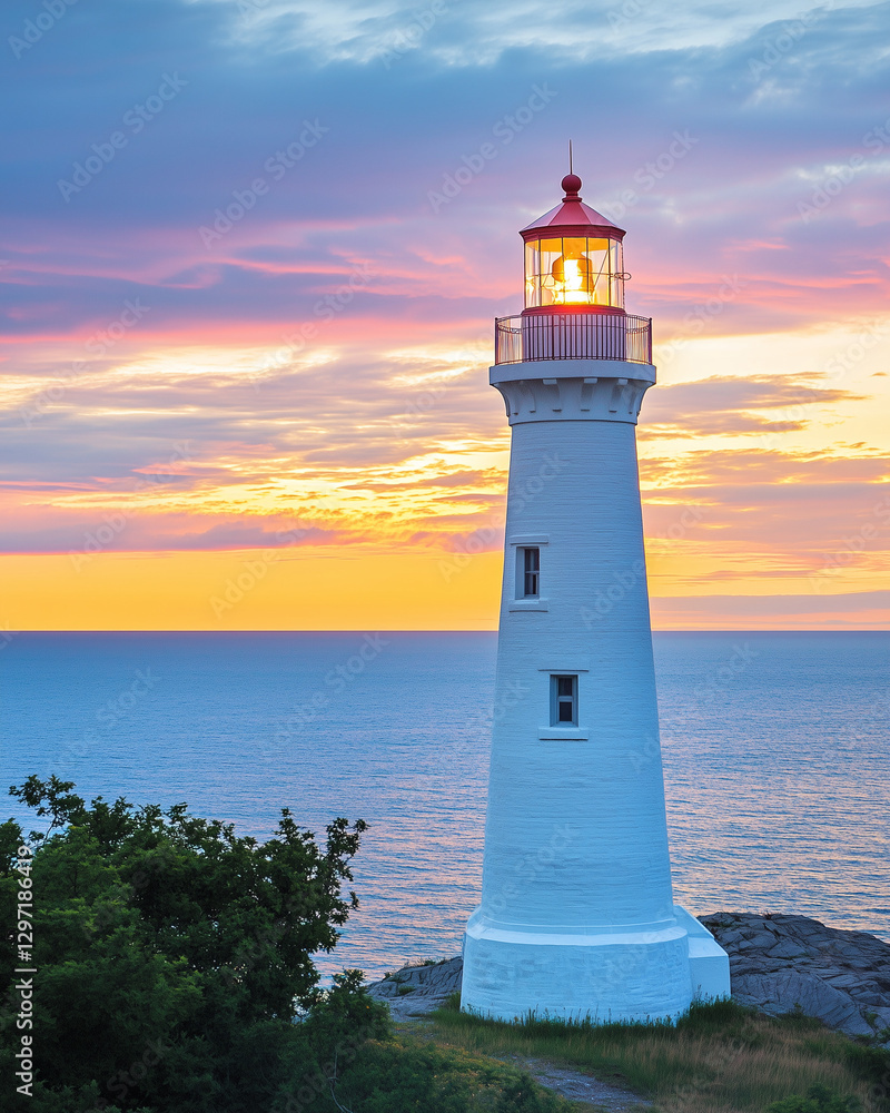 Naklejka premium Rustic lighthouse on rugged cliff during vibrant sunset