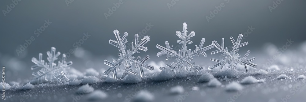 Close up of clear snowflakes laying on snowy ground during winter. Shiny ice crystals display frosty details against gray background ultrawide, banner Close up of clear snowflakes laying on snowy ground during winter. Shiny ice crystals display frosty details against gray background ultrawide, banner