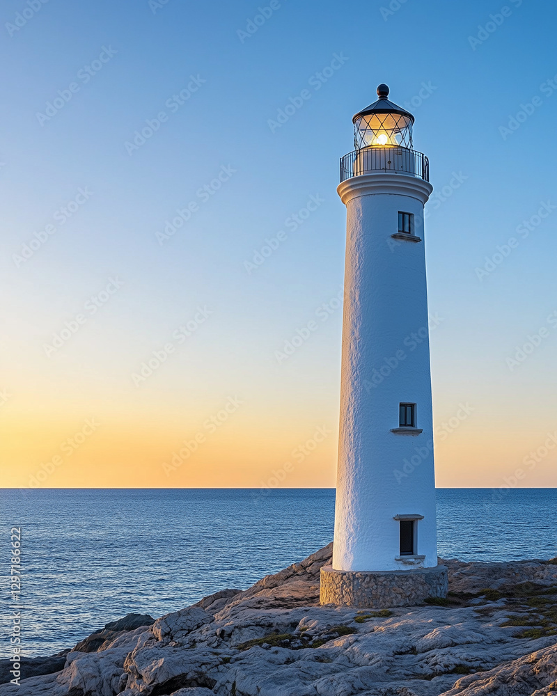 Lighthouse on rocky coast at sunset Lighthouse on rocky coast at sunset