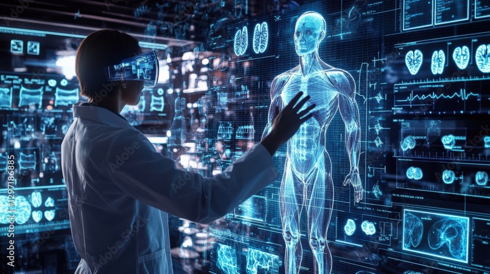 Medical professional wearing virtual reality headset interacting with a 3d holographic projection of a human body. Exploring futuristic healthcare solutions in a technologically advanced environment Medical professional wearing virtual reality headset interacting with a 3d holographic projection of a human body. Exploring futuristic healthcare solutions in a technologically advanced environment