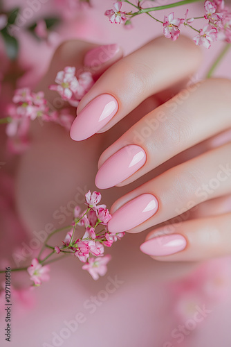 A close-up of beautifully manicured pink nails adorned with delicate flowers.