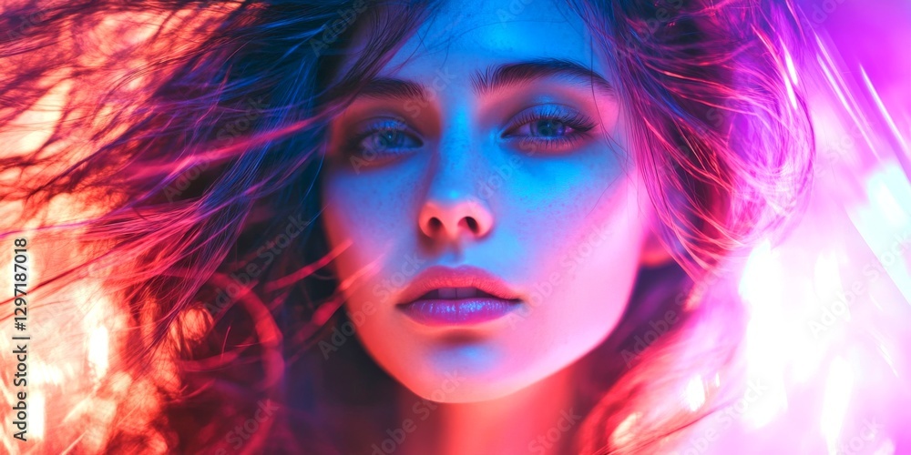 A captivating portrait featuring a woman with vibrant flowing hair illuminated by colorful lights. The stylish photography highlights her beauty and expression. Perfect for artistic projects. AI A captivating portrait featuring a woman with vibrant flowing hair illuminated by colorful lights. The stylish photography highlights her beauty and expression. Perfect for artistic projects. AI