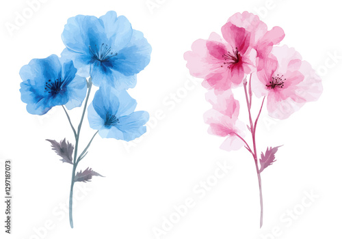 Elegant Watercolor Illustration of Blue and Pink Floral Stems with Delicate Petals on a White Background