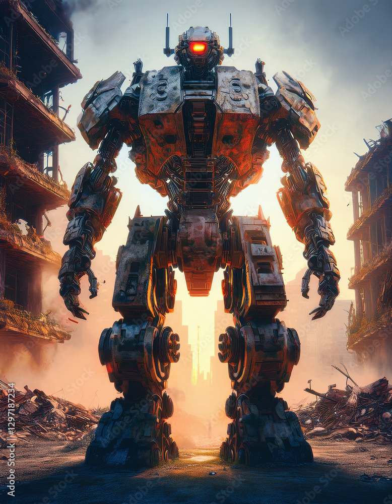 A massive battle mech with glowing red eyes stands in a post-apocalyptic wasteland, surrounded by ruined buildings and dust clouds. A massive battle mech with glowing red eyes stands in a post-apocalyptic wasteland, surrounded by ruined buildings and dust clouds.