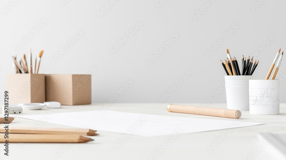 Obraz premium Blank white paper lies on a clean desk surrounded by wooden pencils and paintbrushes in holders, ready for creative sketching in a bright studio.