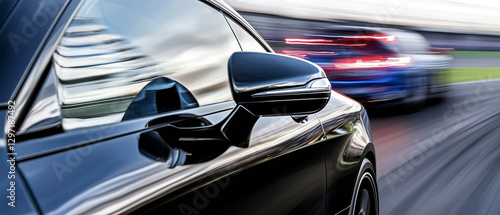 Close up of car rearview mirror reflecting competition on racetrack photo