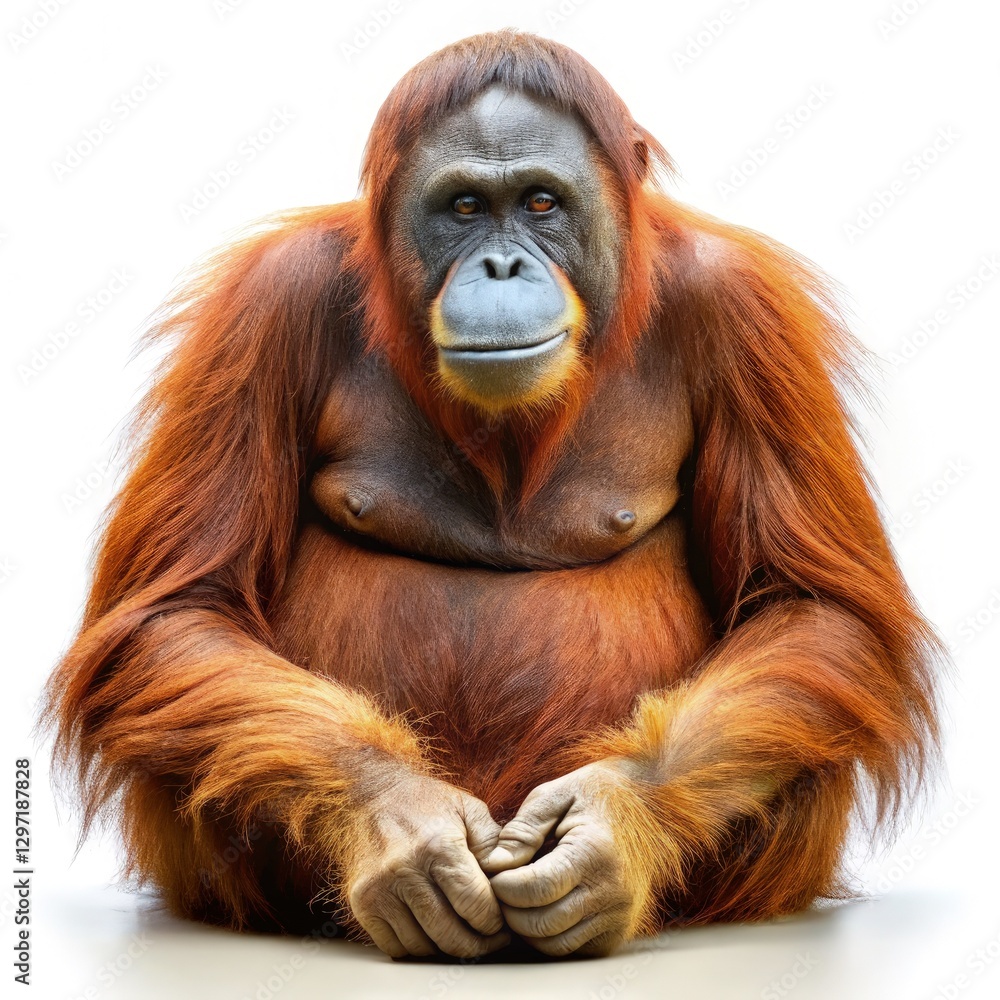 Orangutan Sits Gracefully on White Background. Generative AI Orangutan Sits Gracefully on White Background. Generative AI