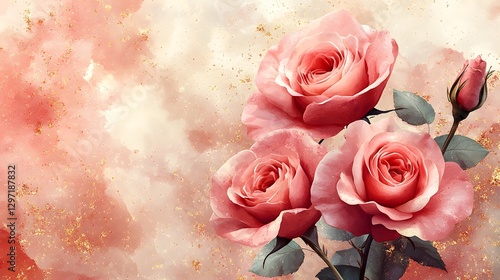 Luxurious Watercolor Pink Roses with Glitter Background for Wedding and Greeting Cards