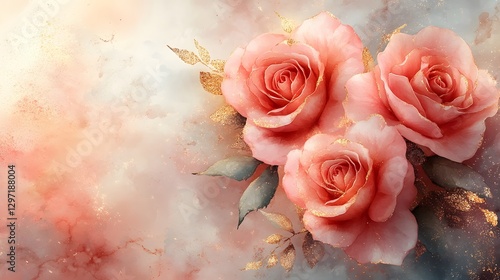 Elegant Watercolor Pink Roses with Golden Glitter for Wedding Invitations and Greeting Cards