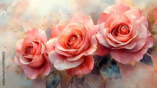 Elegant Watercolor Pink Roses with Golden Glitter for Wedding Invitations and Greeting Cards