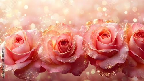 Luxurious Watercolor Pink Roses with Glitter Background for Wedding and Greeting Cards