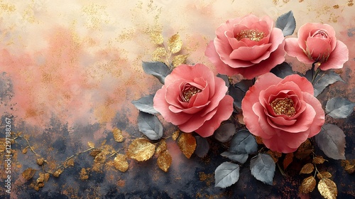Breathtaking Watercolor Pink Roses with Glitter for Elegant Wedding and Women's Day Cards