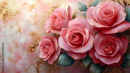 Breathtaking Watercolor Pink Roses with Glitter for Elegant Wedding and Women's Day Cards
