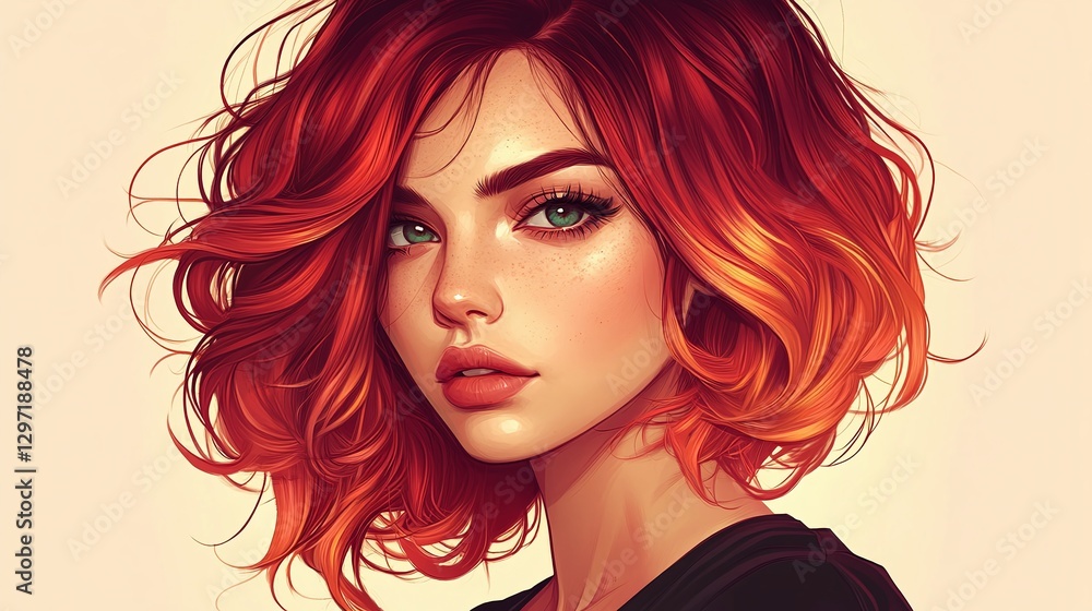 Obraz premium Beautiful Woman with burgundy balayage , hair coloring technique. Beauty model girl with short soft wavy hair . curly hairstyle dye .Fashion, cosmetics and makeup