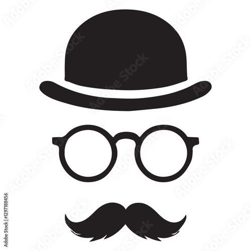Detective Icon with Hat, Glasses, and Mustache in Silhouette Style Vector