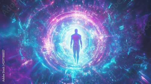 A Silhouetted Person Is Entering Through A Portal Of Light