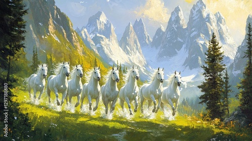 Majestic Seven White Horses Running in a Mountain Landscape - Powerful Wall Painting with Splashing Effects in Morning Light